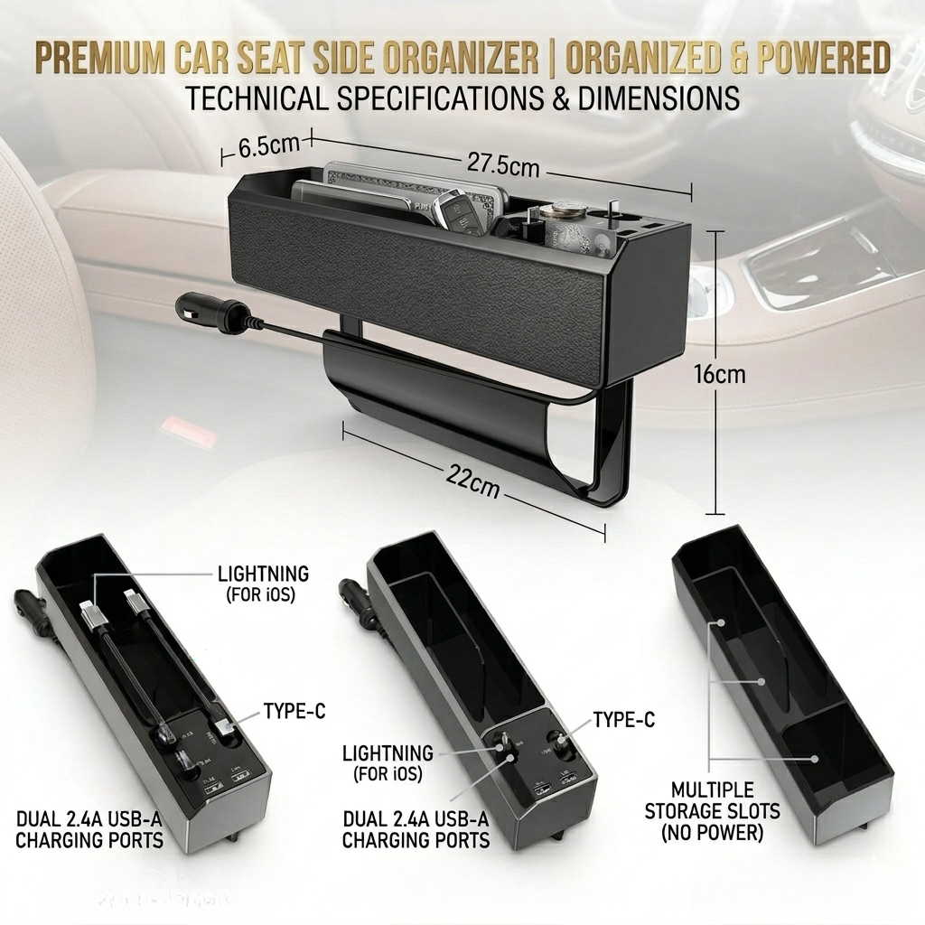 Car Seat Side Organizer with USB Charger
