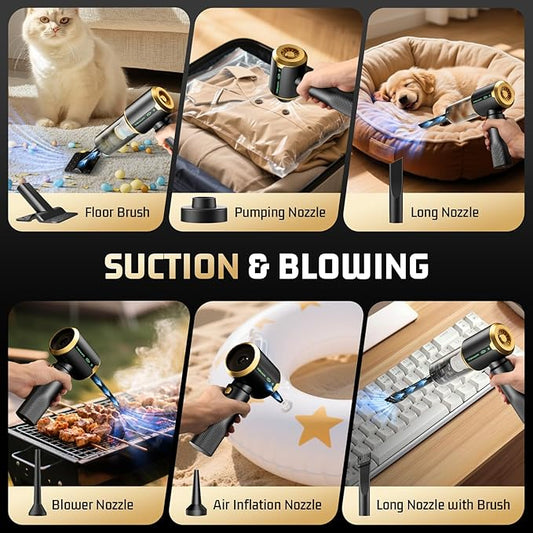 Car portable vacuum suction and blowing feature